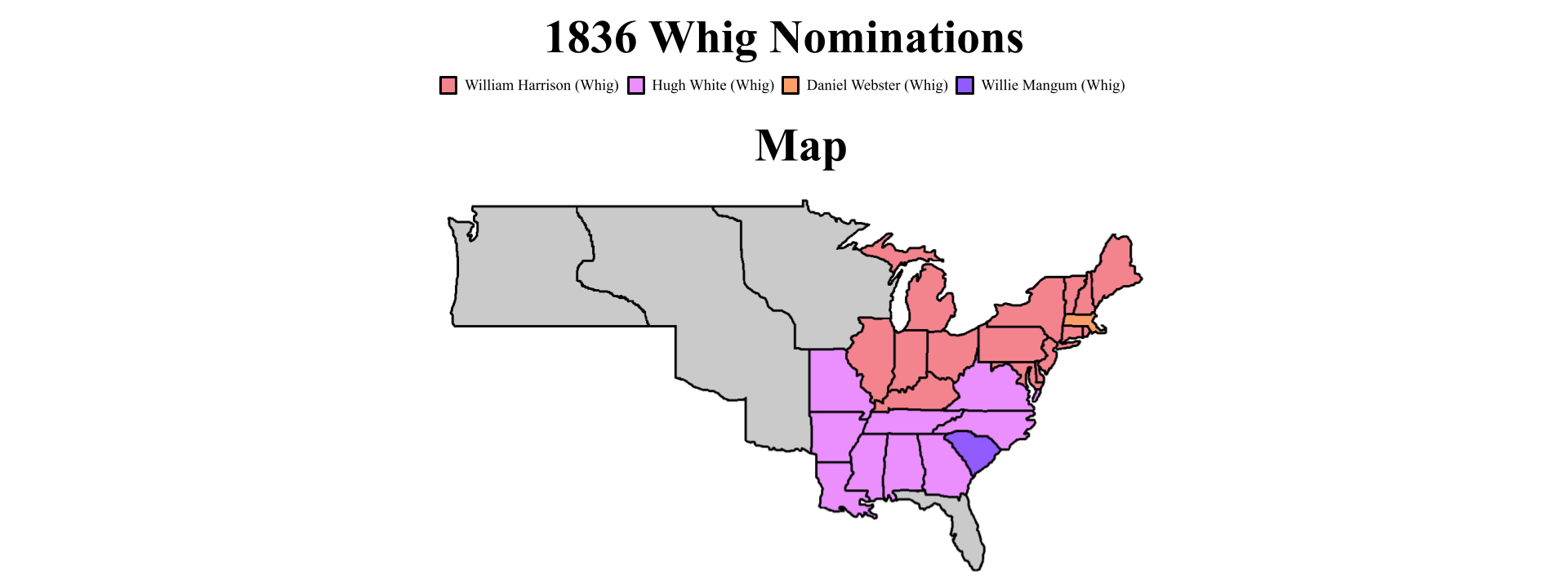 A map showing which Whig candidate was nominated by each state
